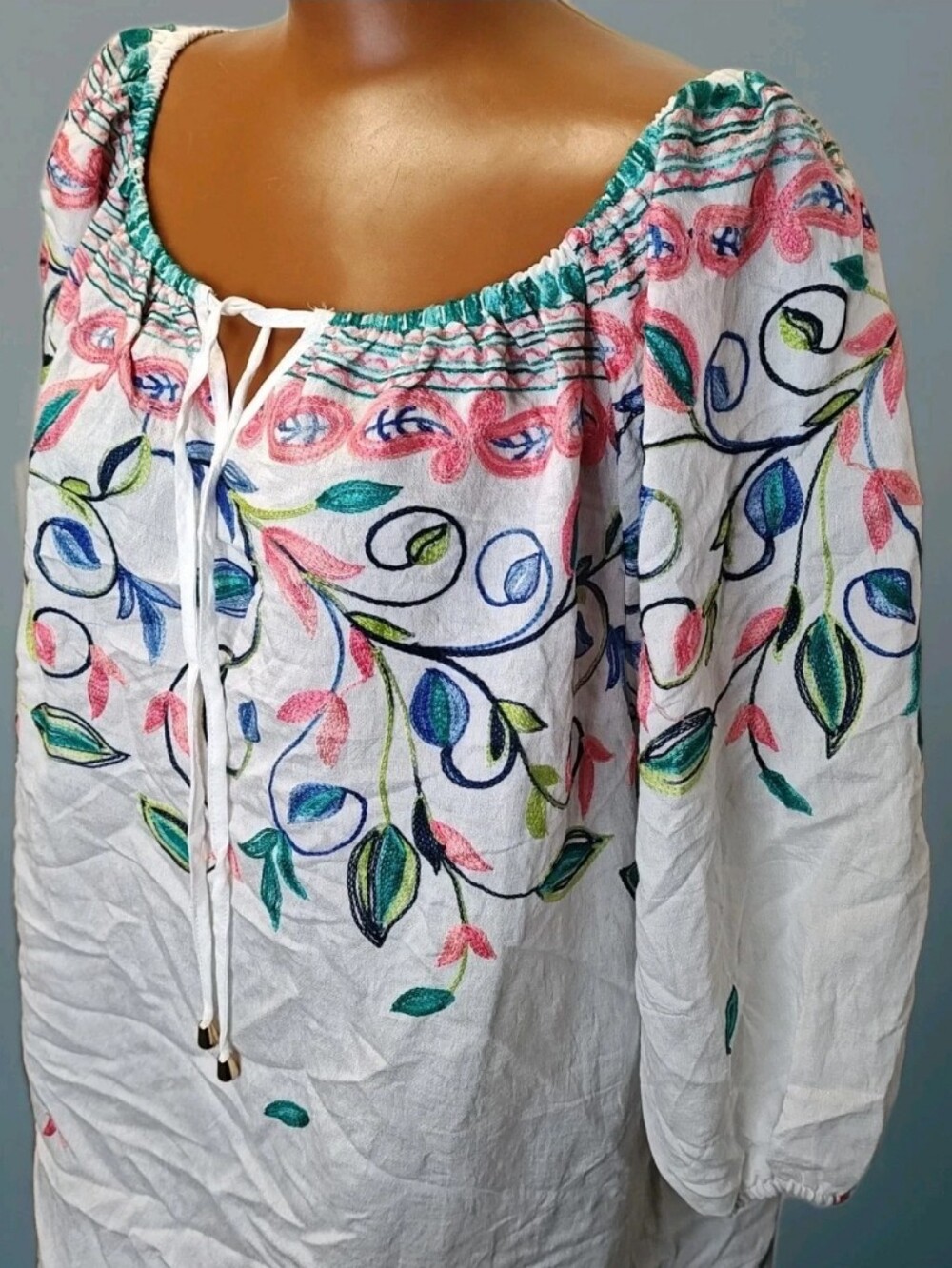 Kindred Anthropologie Boho Floral Embroidered Peasant Top Sz 2X White Gauzy Nwt